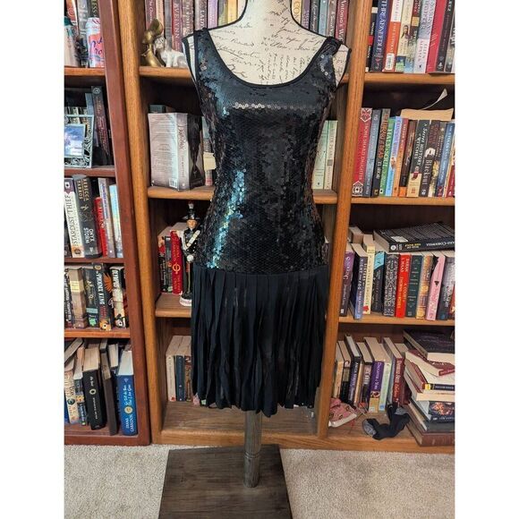 Vintage Dresses & Skirts - Vintage 80s Rhonda Harness Women's Size 6 Black Sequin Swinger Midi Dress NYE